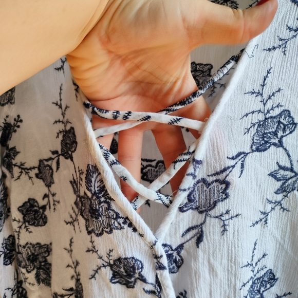 Navy and White Embroidered Bell Sleeve Blouse - Picture 6 of 17